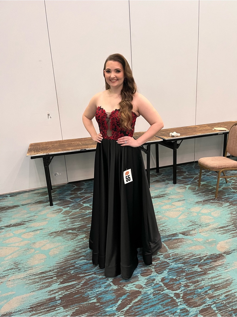 Strapless Black Evening Gown with Red Lace Bodice